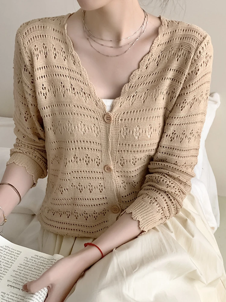 2023 Gentle wind hollow fashion knitwear V-neck temperament mesh sunscreen thin cardigan solid color