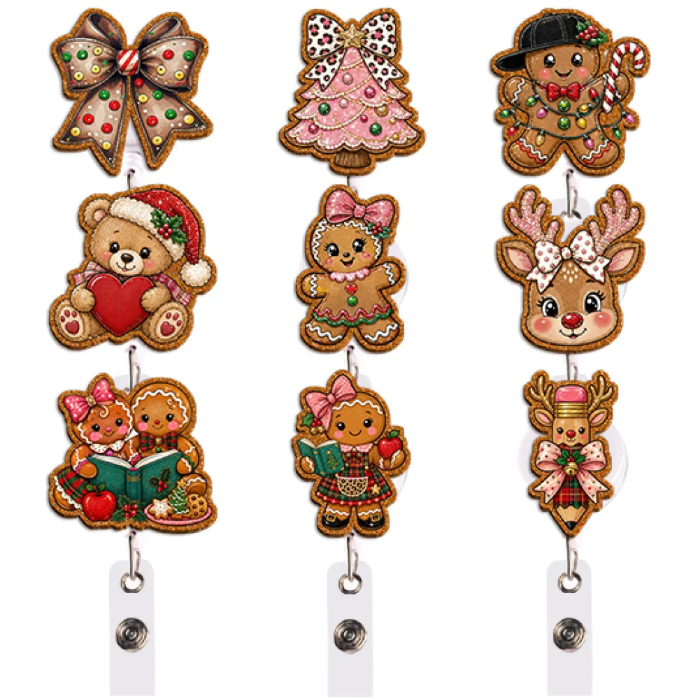 Christmas Gingerbread Man Bell Deer Tree Snowman Color Glitter Acrylic Reel Badge Clip Retractable Badge for Gift Work Medical