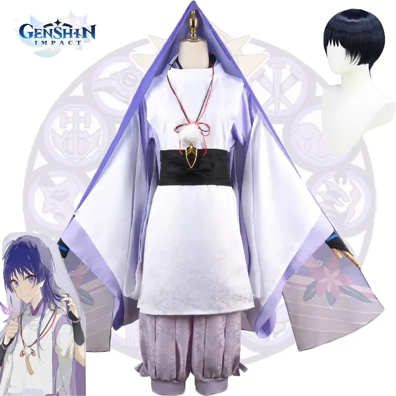 Game Genshin Impact Cosplay Outfit Masculino, Jovem Andarilho, Scaramouche, Cocar, Uniforme Masculino Branco, Fato de Halloween, Carnival Party Role Play