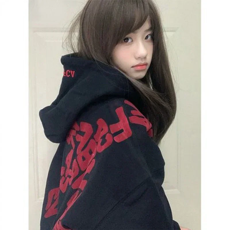 Black Oversized Hoodies Women Streetwear Vintage Letter Print Hooded Sweatshirts American Retro Hip Hop Casual Pullover Y2k