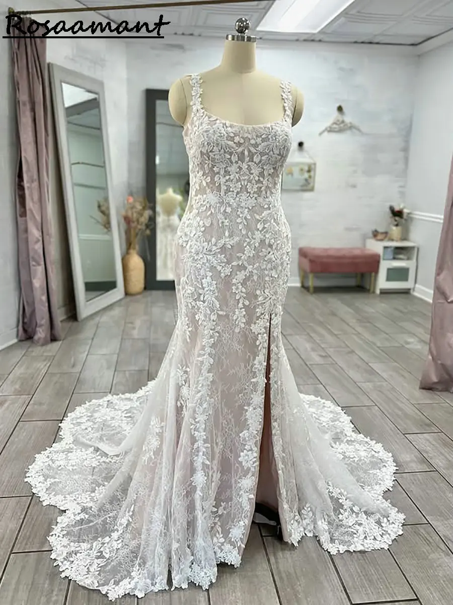 Очаровательные бретельки с разрезом по бокам, свадебные платья русалки, иллюзия, аппликации, кружевные деревенские свадебные платья
