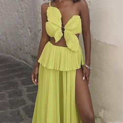 Beach Vacation Solid Color Swimsuit Dress Leaf Shape Bra Bikini Yellow High Split Sexy Skirt Fashion 2024 Women Seaside Swimwear