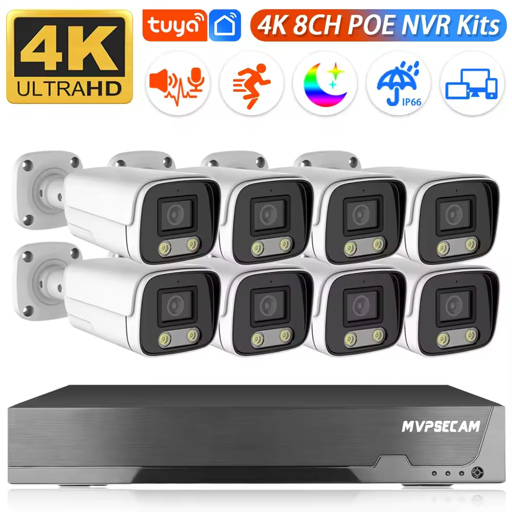 Tuya app 8ch 4k 8mp poe sistema de câmera de segurança áudio em dois sentidos 8mp nvr kit cctv câmera ip ao ar livre h.265 p2p conjunto de vigilância de vídeo