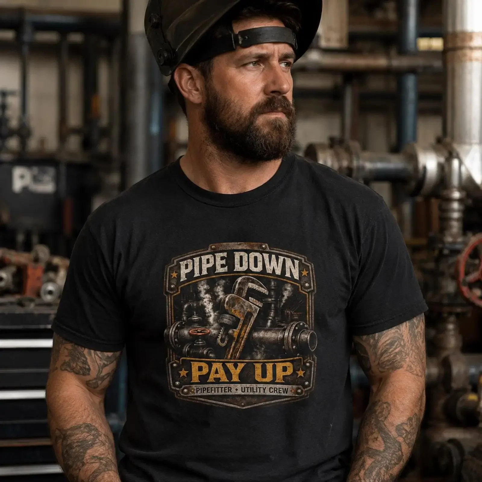 Pipefitter T Shirt Pipe Down Pay Up Utility Crew Plumber Blue Collar Tradesman vintage Washed streetwear Soft graphic