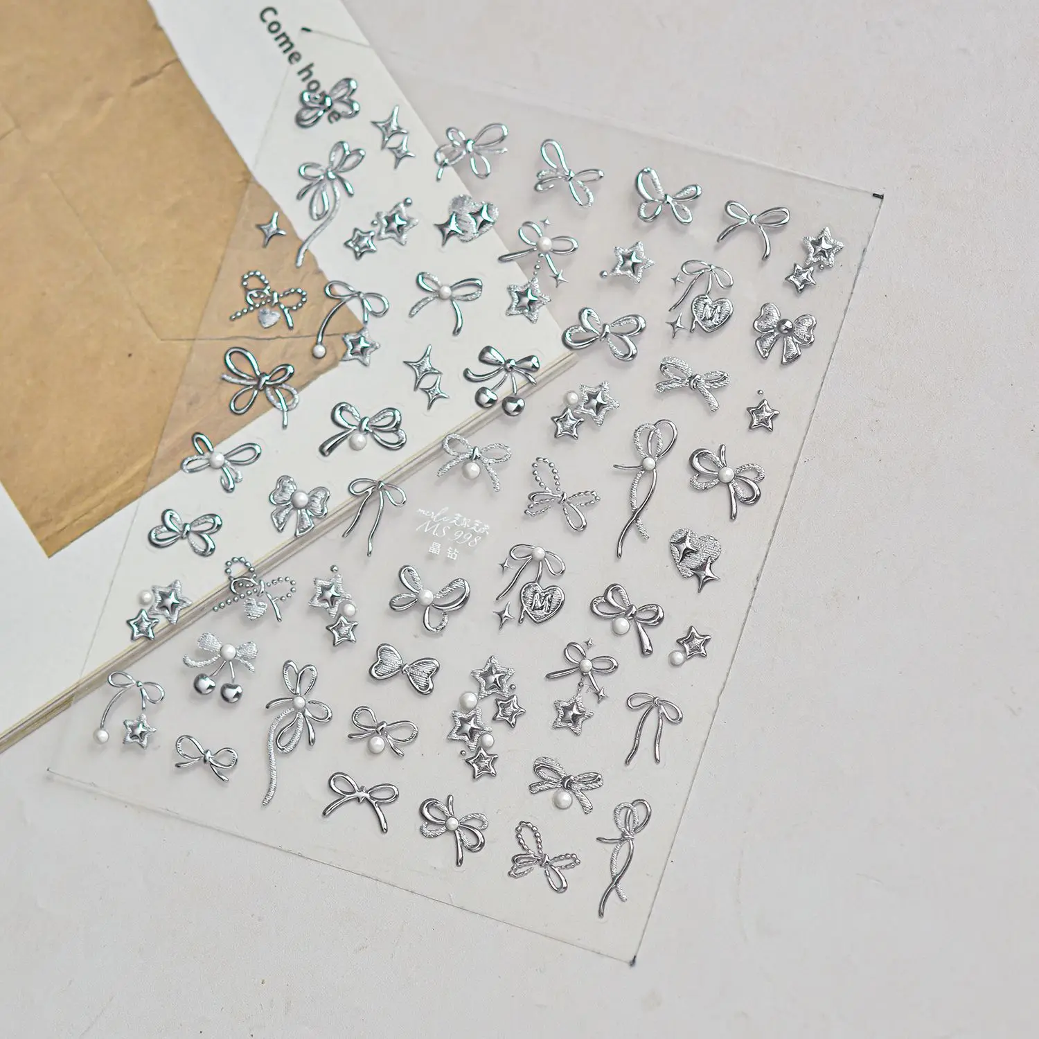 1Pcs Silver Bow Star Nail Stickers Cherry Bows Star Love Heart Pearl 5D Crystal Nail Decoration Self Adhesive Nail Stickers DIY view 6