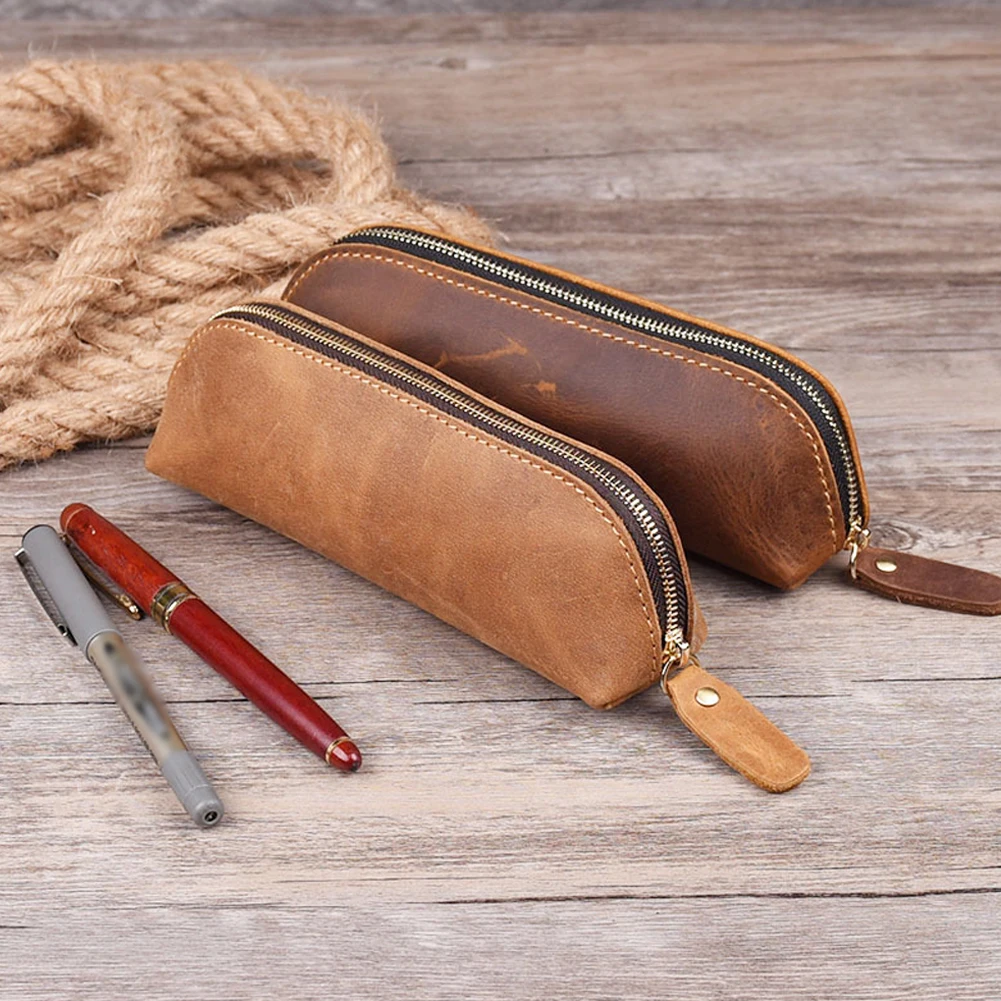 Saco De Lápis De Couro Genuíno Artesanal, Suporte De Papelaria Retro Simples, Pen Case, Saco De Armazenamento, Zipper Pencil Pouch, Óculos Caso