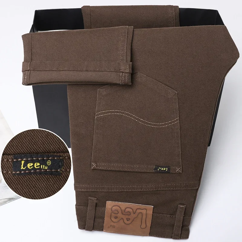 ارتفاع الخصر لون القهوة الرجال الجينز عادية مستقيم الساق مطاطا سليم صالح الخريف الشتاء نمط جديد خفيفة الوزن الفاخرة الترفيه #4