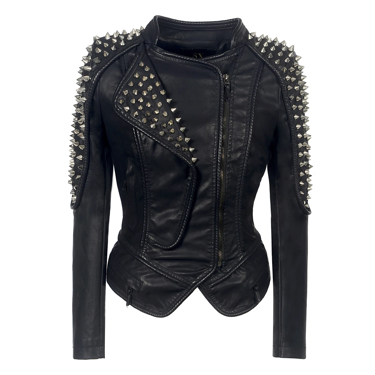 New European American Fashion Women's PU Stand Collar Motorcycle Jacket Slim Fit Short Rivet Personaliz Lapel Faux Leather Coat