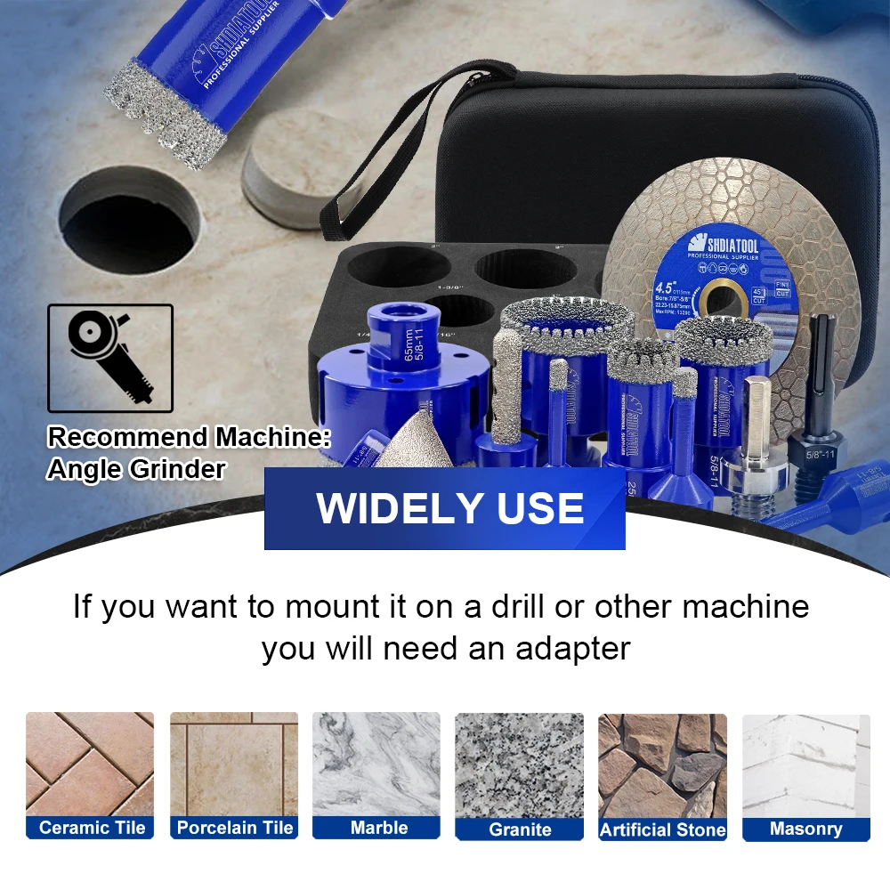 SHDIATOOL 12 ชิ้น 6-65 มิลลิเมตรรูเพชรเจาะ Bits ชุด + 10 มิลลิเมตร Milling Bit + 50 มิลลิเมตร Chamfer + 115 มิลลิเมตรแผ่นตัด + อะแดปเตอร์ Hex กระเบื้อง Bits