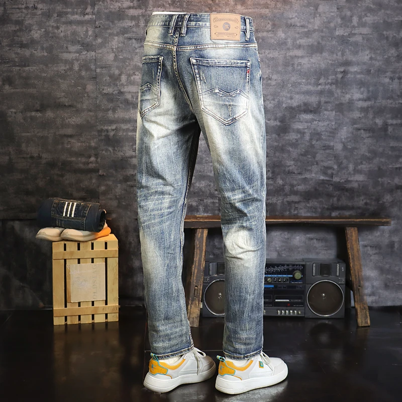 Fashion Vintage Men Jeans High Quality Retro Blue Stretch Slim Fit Ripped Jeans Men Trousers Embroidery Designer Pants Hombre