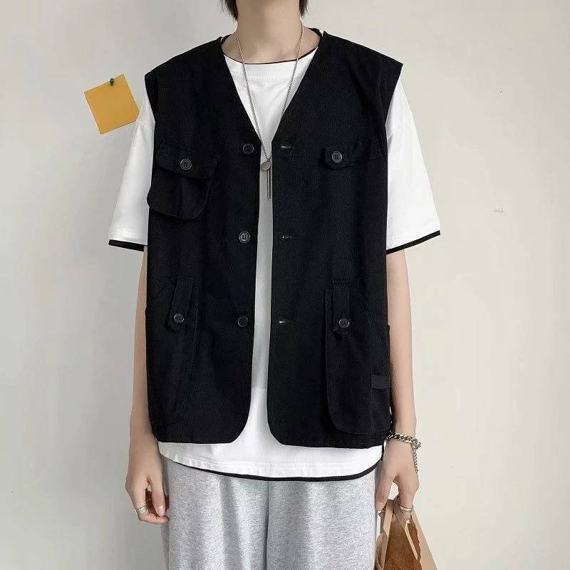 

Men's Hong Kong Style Loose Sleeveless Functional Vest Jacket Harajuku Trendy Retro Workwear Vest Popular on INS