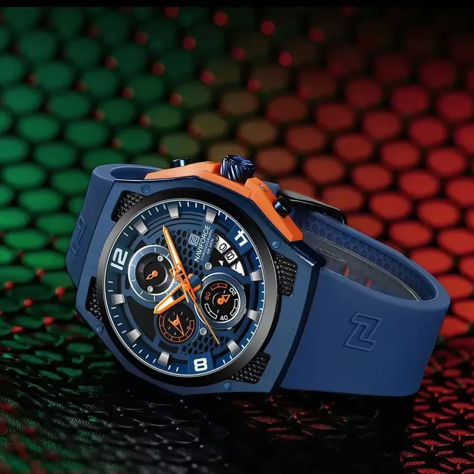 ナビフォース 8051T メンズクォーツ時計カレンダークロノグラフ発光カジュアル防水シリコンストラップ腕時計男性用リロイやつ