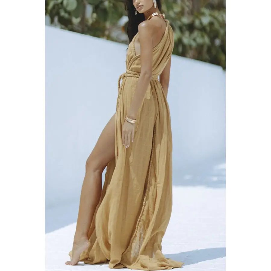 Faionable لون نقي شاطئ Vaion Dr Cover irt الملابس النسائية عقدة حبل Sli الصيف ميدي Dr فضفاض الخصر #3