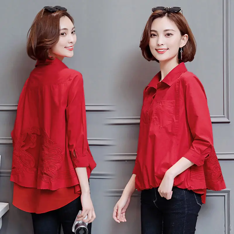 

Heavy industry embroidered shirt women's cotton 2022 spring All-match Nine-sleeved stitching shirt Female blouser White Top Red