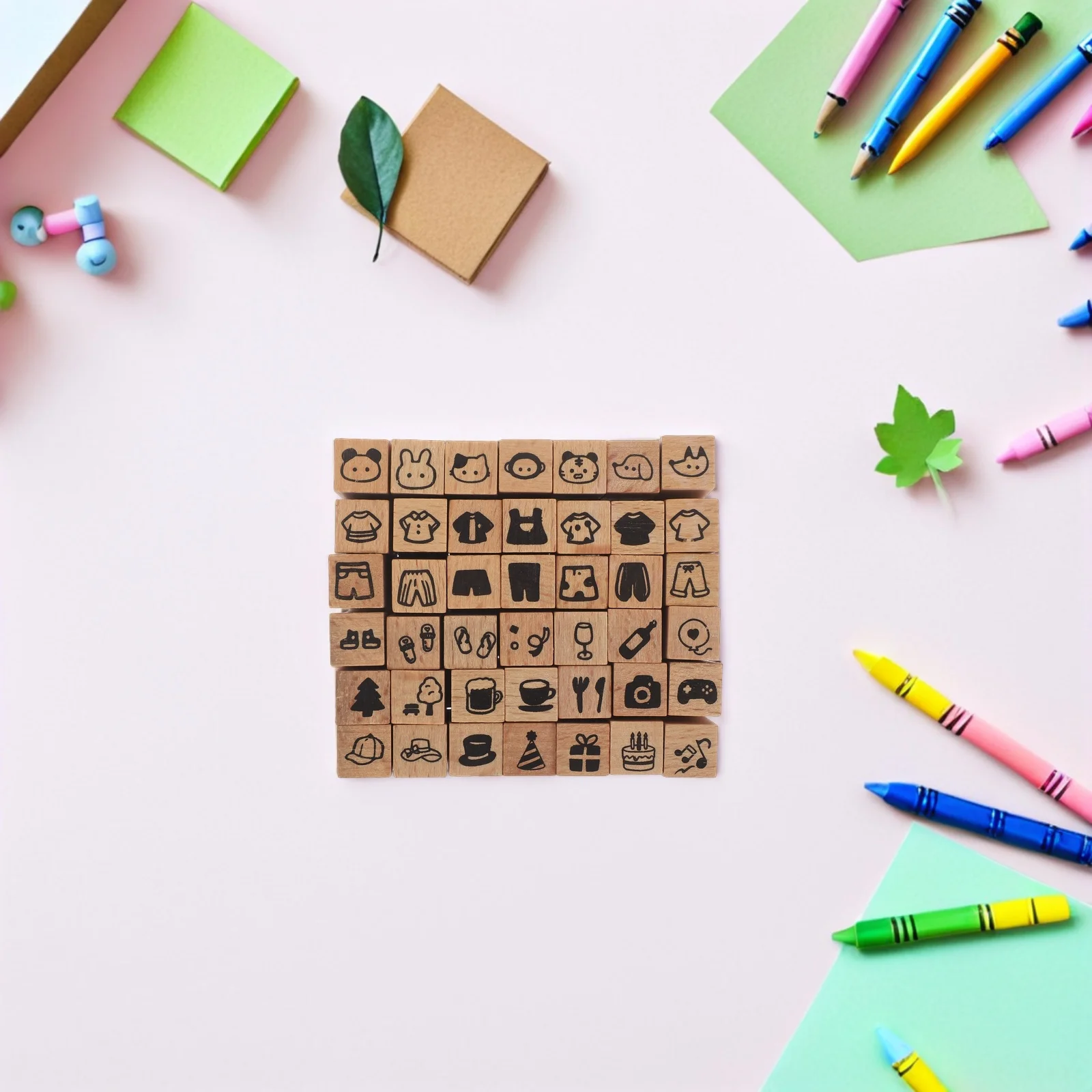 42Pcs Animal Party Stamp Set Mini Wood Rubber Stamps for Kids Crafting Scrapbooking Card Making DIY Stationery Journaling