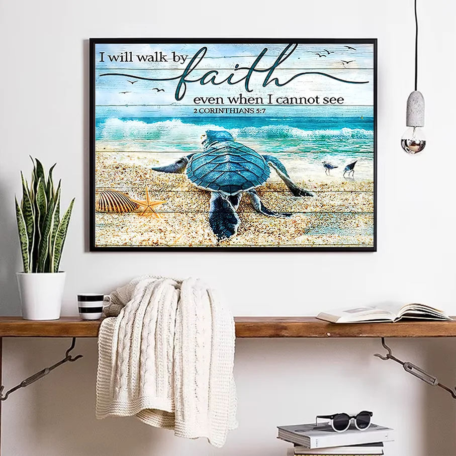 Sea Turtle Canvas I Will Walk By Faith 2 Corinthians 5:7 Beach Ocean Wall Art Christian Poster Home Decor