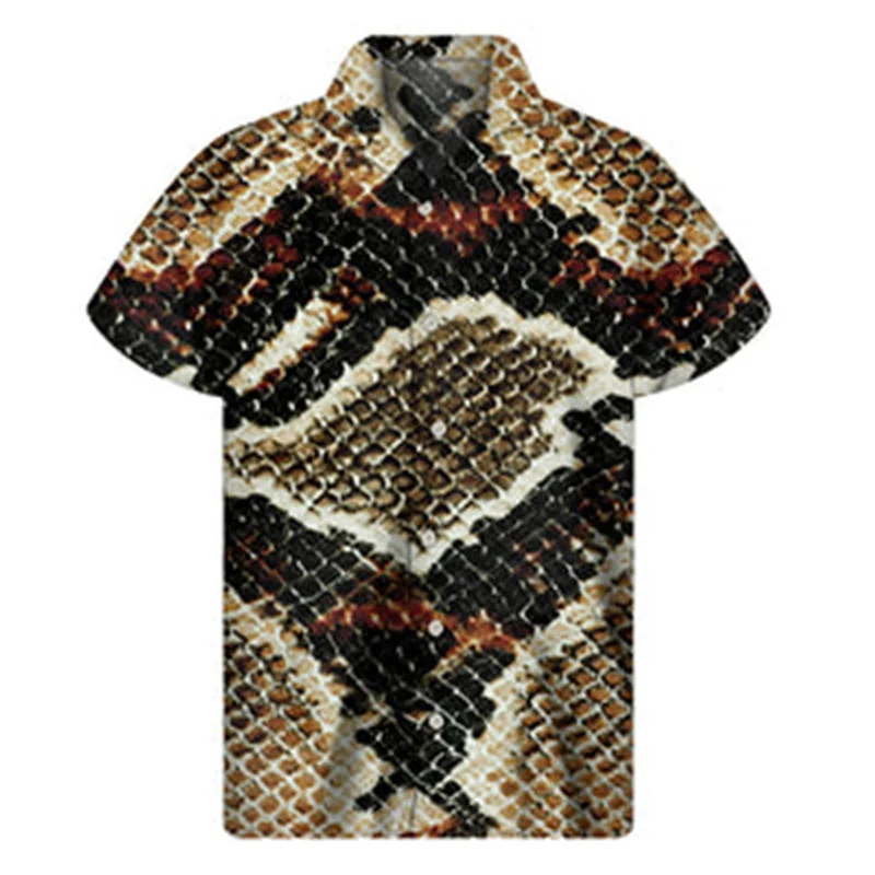 Animal Snake Skin Python 3D Print Hawaiian Shirts Men Personality Lapel Button Shirt Street Loose Short Sleeves Blouse Tops