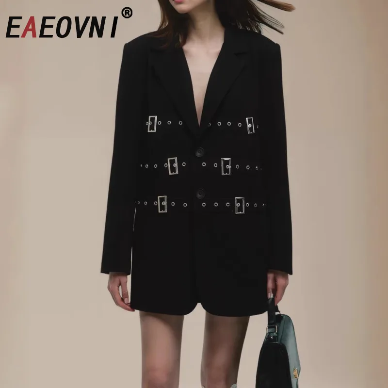 

EAEOVNI 2025 Autumn New Women's Blazer Jacket Fashion Belt Patchwork Design Button Long Sleeve Jacket Office Lady Clothing
