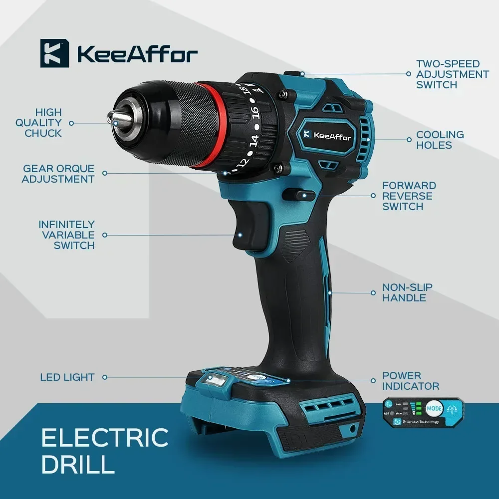 KEEAFFOR 450NM 1200W Brushless Electric Impact Drill 20Gears Cordless Electric Drill Electric Screwdriver For Makita 18v Battery