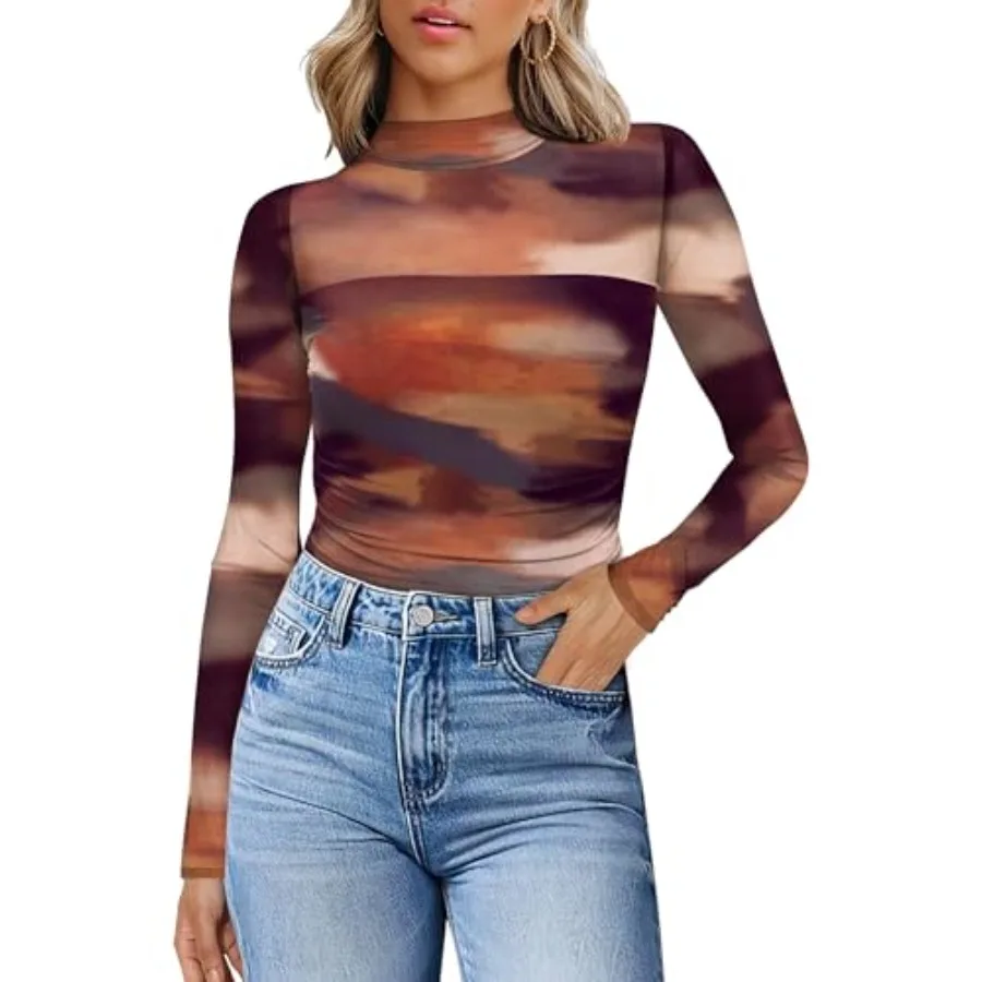 

Womens Sexy Mesh Long Sleeve Shirts Fashion Clothing Turtle Necks Sheer Ruched Going Out Tops Fall Outfits Slim Fit Blouses