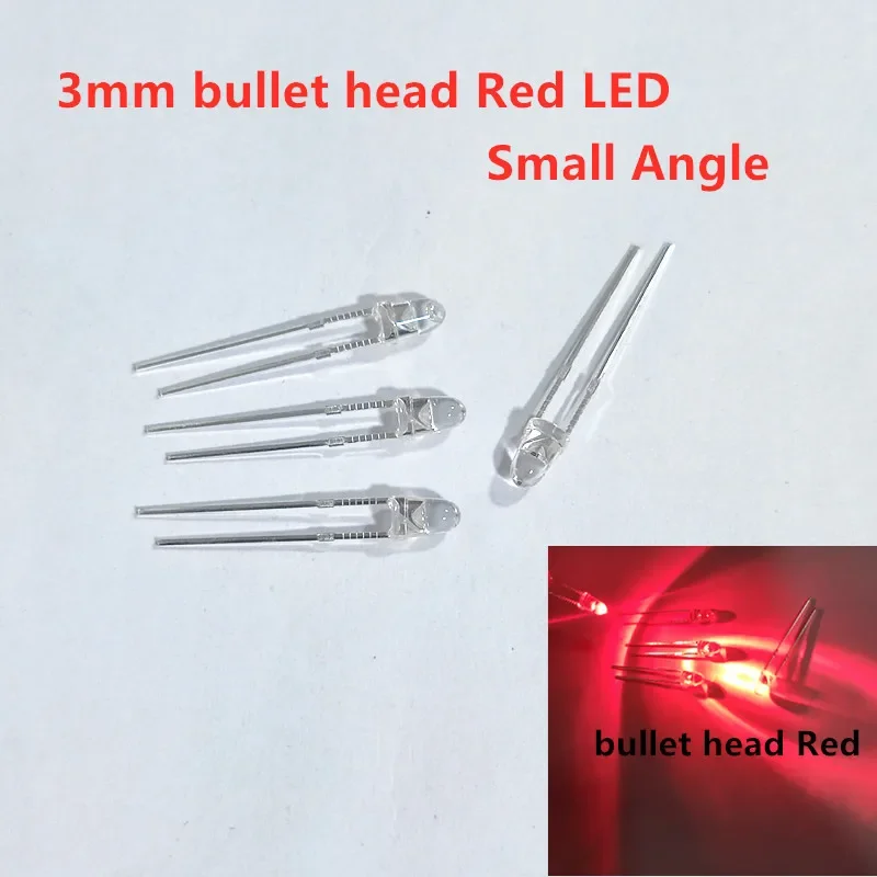 100pcs 3mm bullet head Red LED Super bright pointed Small Angle F3 transparent Red light Light-emitting diodes (leds)