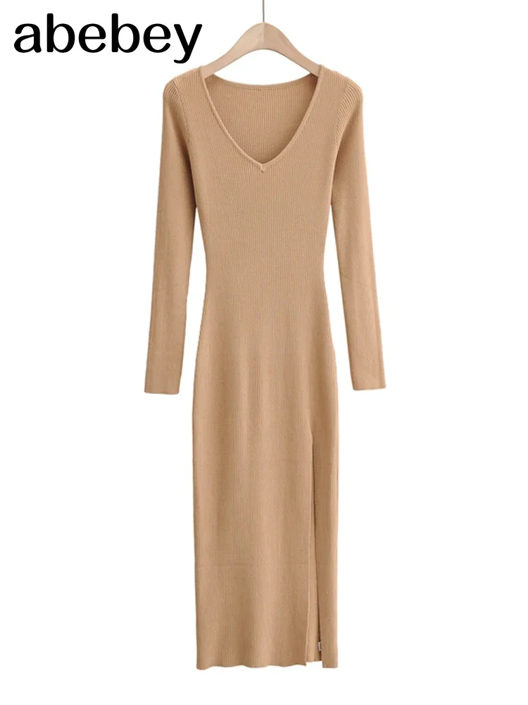 2026 신상 베이직 여성용 탄성 솔리드 엘레강스 V넥 스웨터 드레스 긴팔 여성용 사이드 오픈 미디 롱 드레스