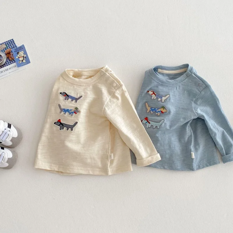 Stylish Childrens Pure Cotton T-shirts 2025 Spring Autumn Boys Cartoon Embroidery Bottom Tee Cute Baby Girls Long Sleeve Tops