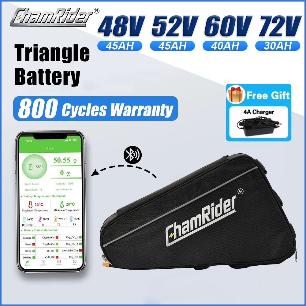 ChamRider Ebike 배터리 18650 셀, 48V, 72V, 60V, 52V, 삼각형 30AH, 40AH, 대용량 1500W, 2000W, 초강력 21700 Bafang