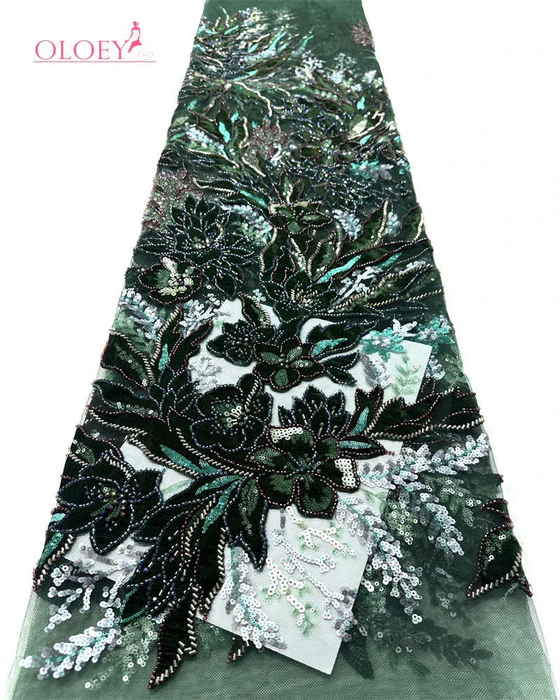 

OLOEY Velvet Embroidered Sequins Lace Fabric 5 Yards Burgundy Luxury Beaded Nigerian French Lace for Wedding Dress Gown Sewing