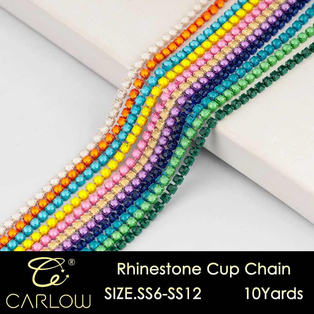 CARLOW SS6-SS12 Shiny Mocha Multi Color Glass Rhinestones Cup Chain AAAAA 10 Yards Stone Chain for Clothes Decoration DIY