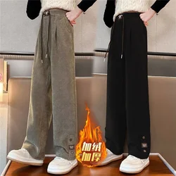 Girls Padded Wide-Legged Pants Kids Plus Velvet Warm Trousers Teen High Waist Streetwear Baggy Pant Children Loose Straight Pant