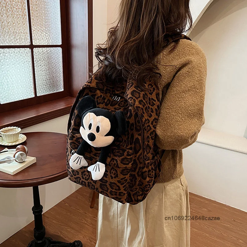 Mickey Doll Large Capacity Leopard Print Backpack Cute Design New Fashion Student Shoulders Bag Korean Version Casual Trend Bag