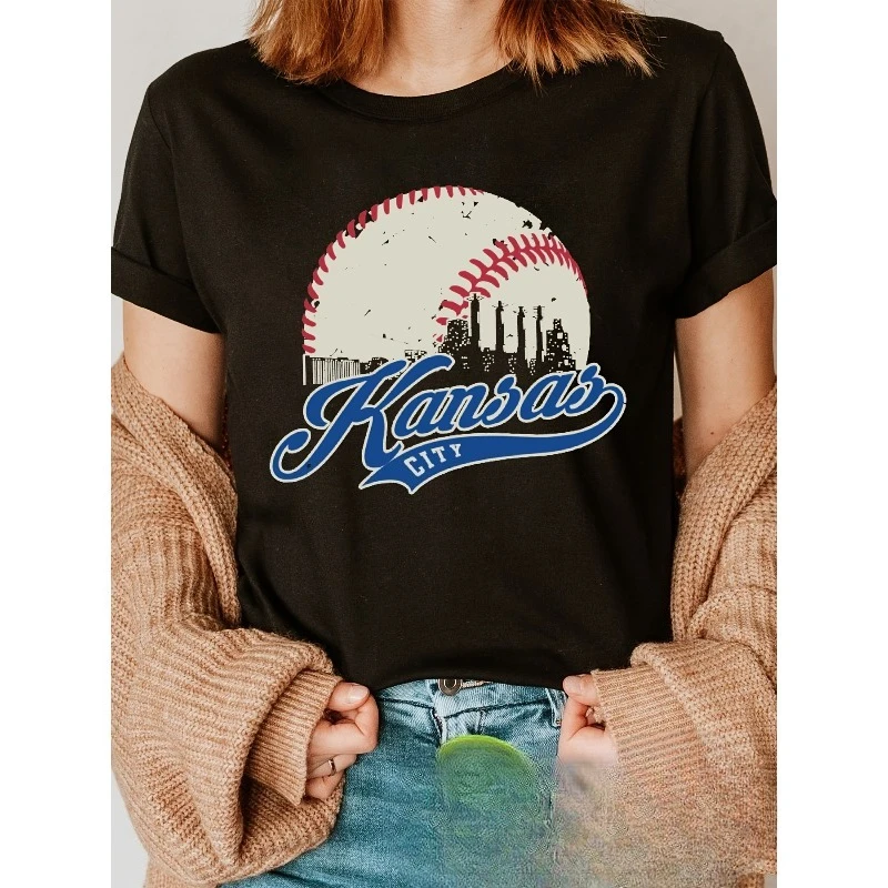 

Blue Kansas Red-and-White Baseball Kansas City Retro Classic Missouri Gift Print T-Shirt Short Sleeve Crew Neck Casual Women's