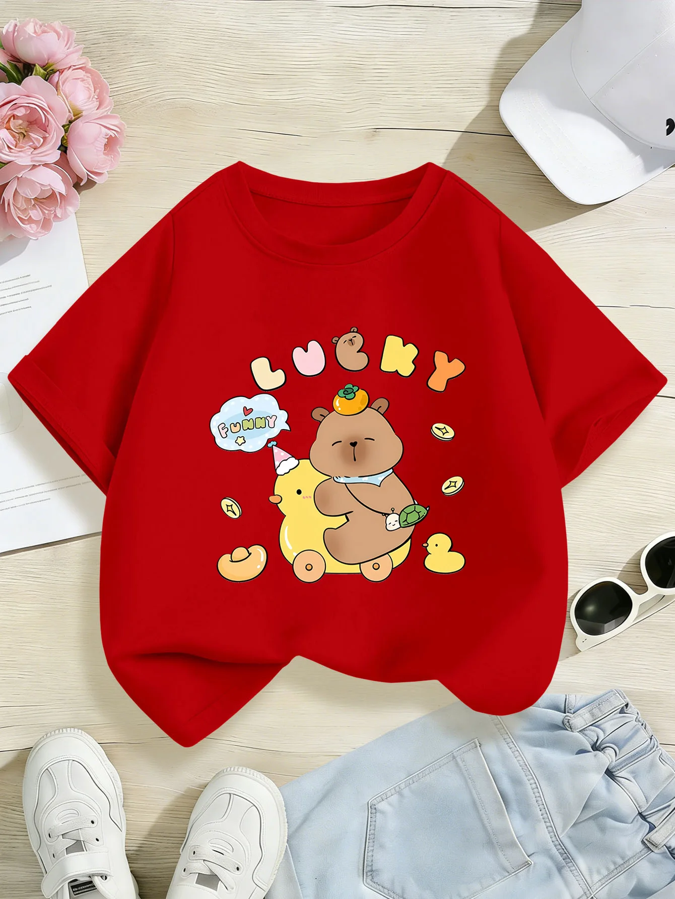Lucky Capybara Riding Duck Cartoon Graphic Kids T Shirt Boys Girls Family Matching Parent Child Summer Crew Neck Casual Tee