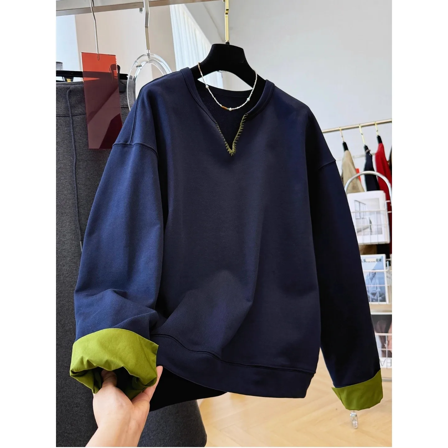 

Loose Fit Long Sve V-Ne Sweatirt Jaet ex Autumn Winter Large Size Color Blo Design Polyester Fabric CleanFit S...