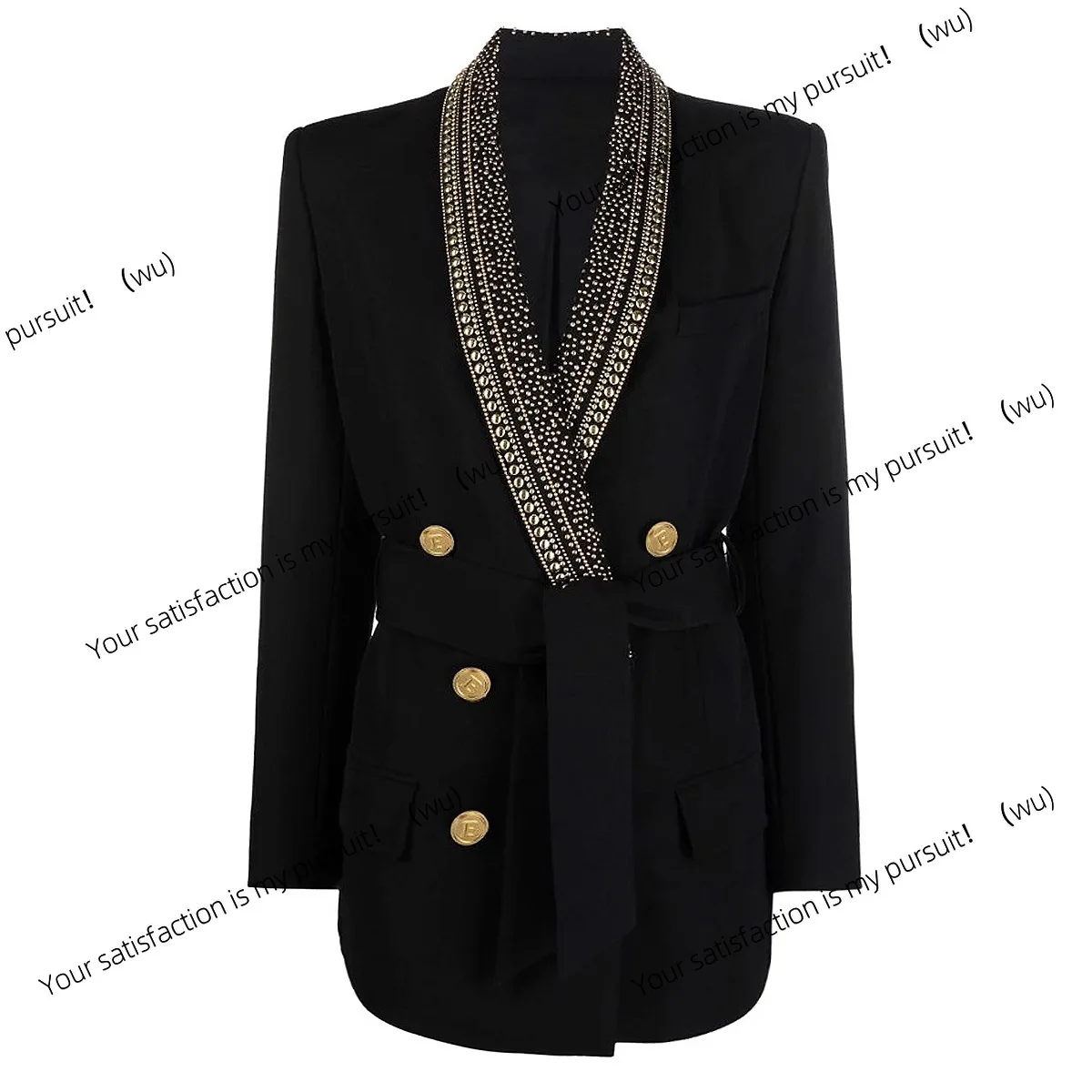 Blazer wanita model panjang sedang, kerah hijau buah, dengan aksen sabuk film bronzing, warna hitam dan putih, koleksi busana musim semi dan gugur.