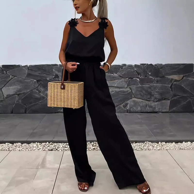 Spring Summer Women's Sexy Off Shoulder Suspender Jumpsuit Fashion Casual Solid Color Sleeveless with Pocket High Waist Jumpsuit
