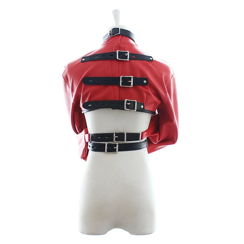 Female BDSM Bondage Breast Exposed PU Leather Straitjacket Restraint Body Harness Jacket Long Sleeves SM Play Flirting Women