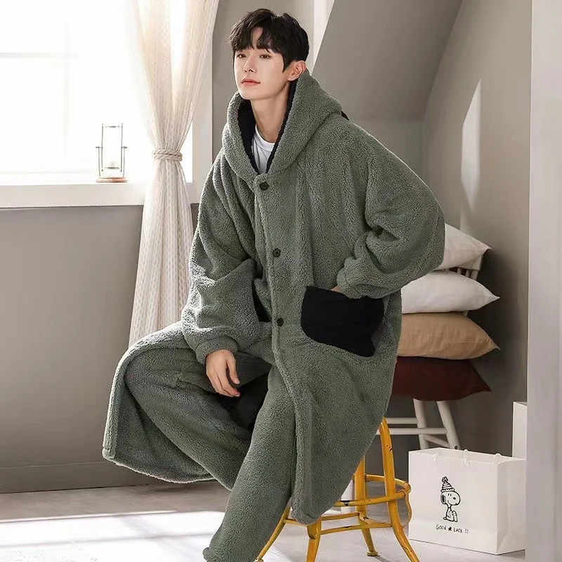 Korallen vlies Pijama setzt Männer Winter verdicken warmen Bademantel passt zwei Stück Kapuze Hauskleidung männliche Lounge wear Nachtwäsche