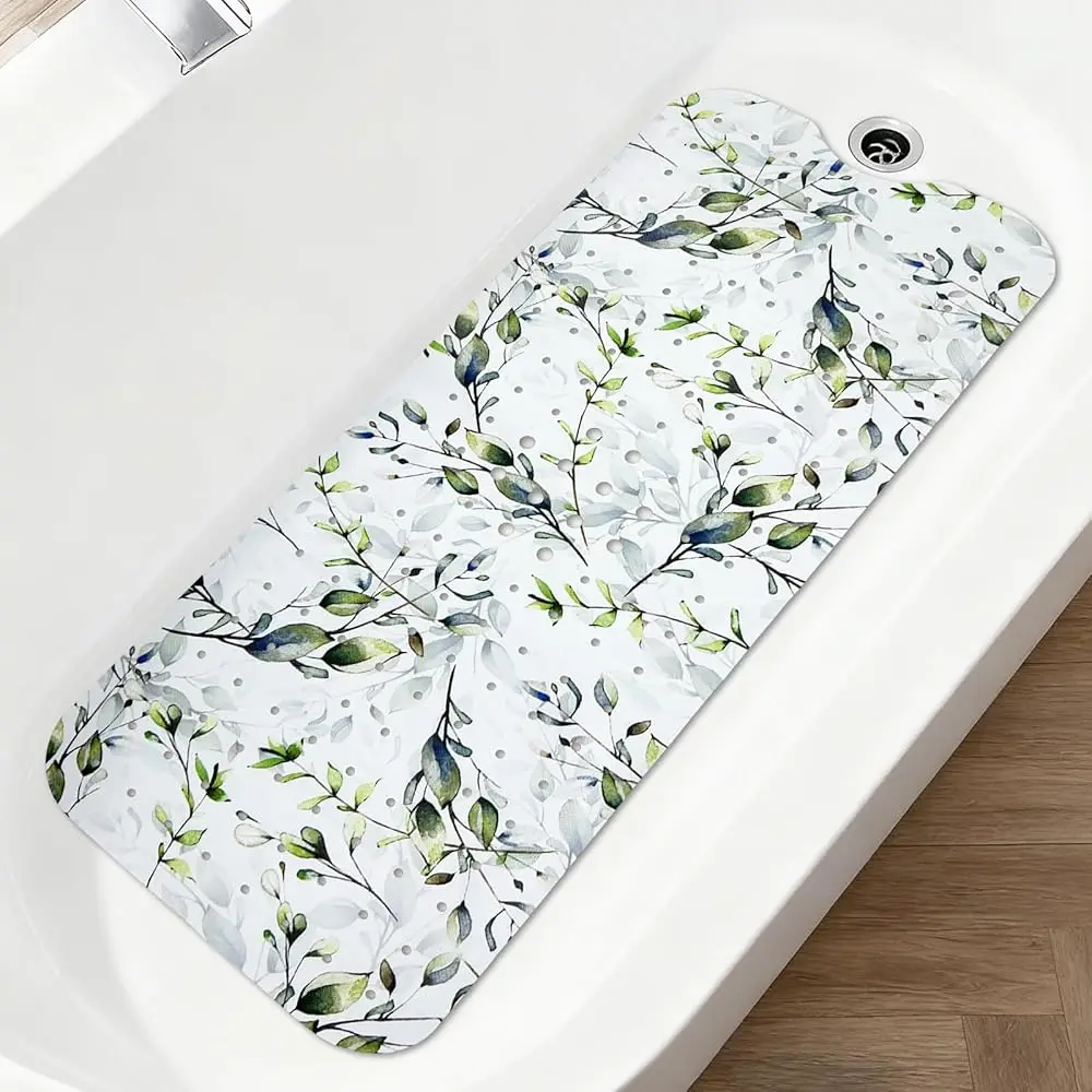 

Противоскользящий коврик для ванны 40x16 дюймов, удлиненный, с рисунком листьев, декоративный, с дренажными отверстиями и присосками, цветочный дизайн