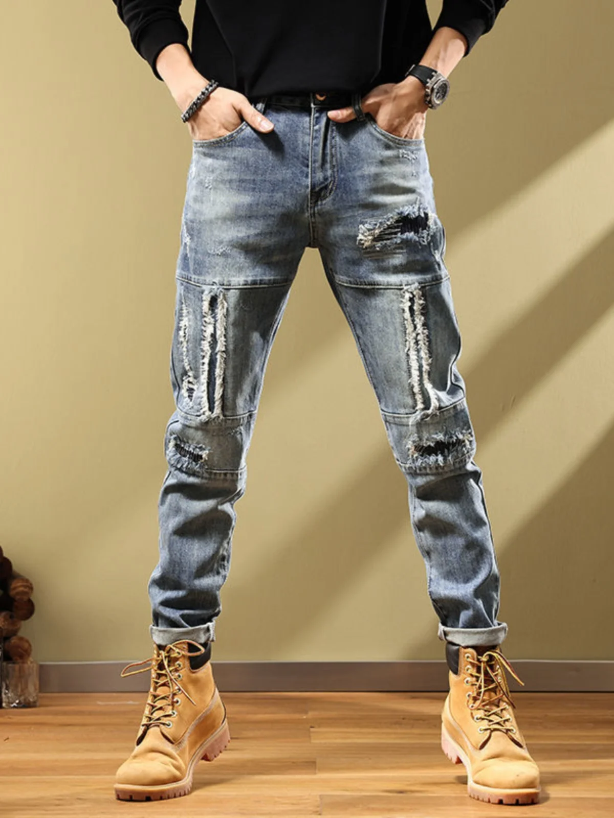 

Мужские джинсы Slim Fit со средней посадкой, длинные брюки из синего денима, молодежные, модные, износостойкие, с узким прямым кроем