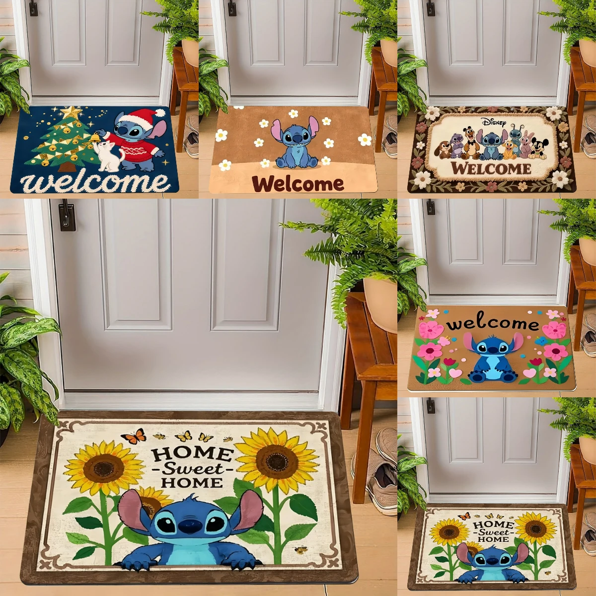 

MINISO 1pc Stitch Sunflower Sweet Home Welcome Rug Doormat Non-Slip Floral Design Machine Washable Easy Clean Home Decor Gifts