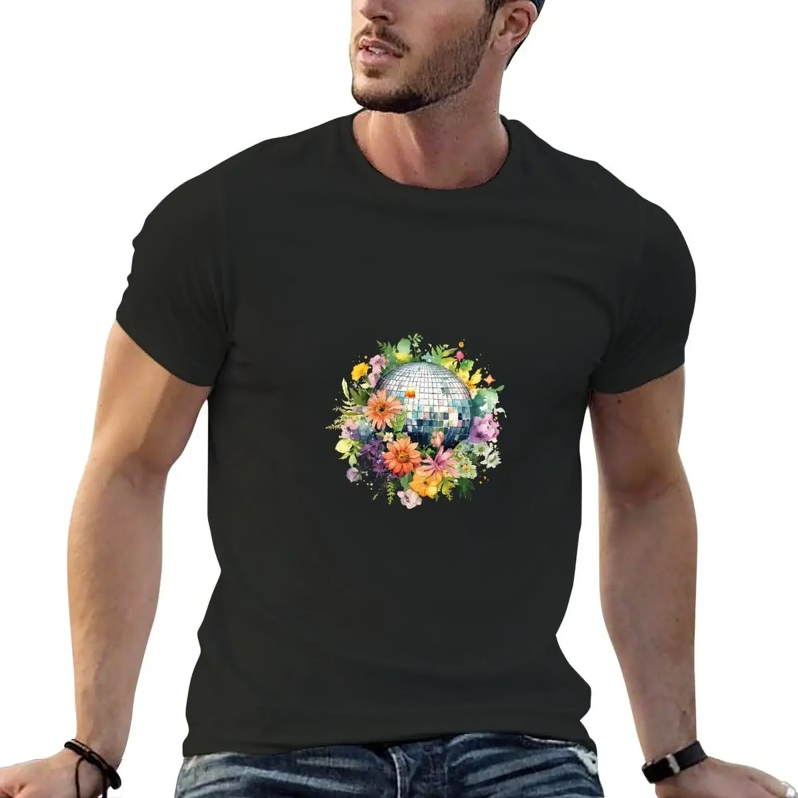 Vintage Style disco ball with Flowers, Retro style T-Shirt oversizeds tops men clothing