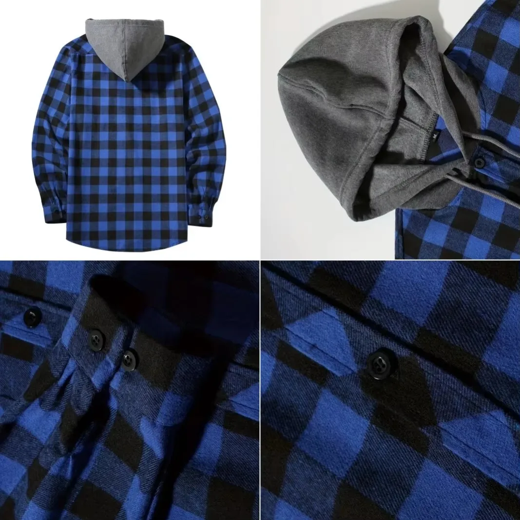 Men's Business Spring And Autumn Patchwork Plaid Casual Buckle Hooded Long-Sleeved Double-Pocket Shirt Hoodie Jacket Top Shirts