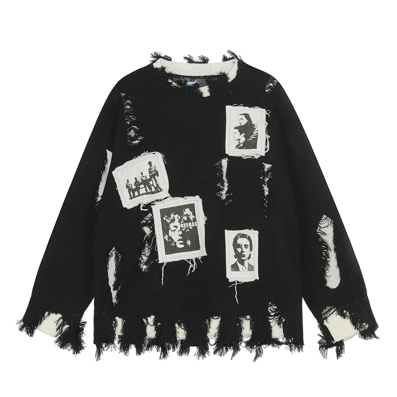 

GXFortune американский ретро лоскутный трикотаж с отверстиями мужской свободный модный искусственный двухсекционный мягкий готический повседневный длинный свитер све