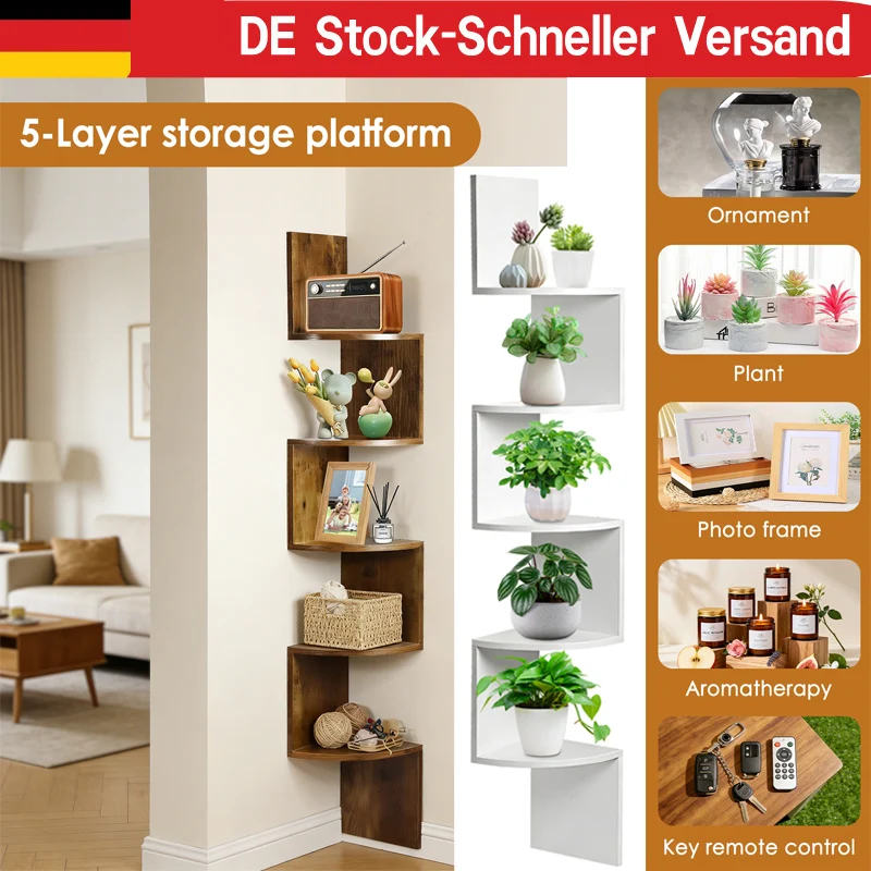 Estante de pared de 5 niveles, estante de esquina, estante flotante, estantería para libros, estantería para plantas de dormitorio, estantería para sala de estar y dormitorio