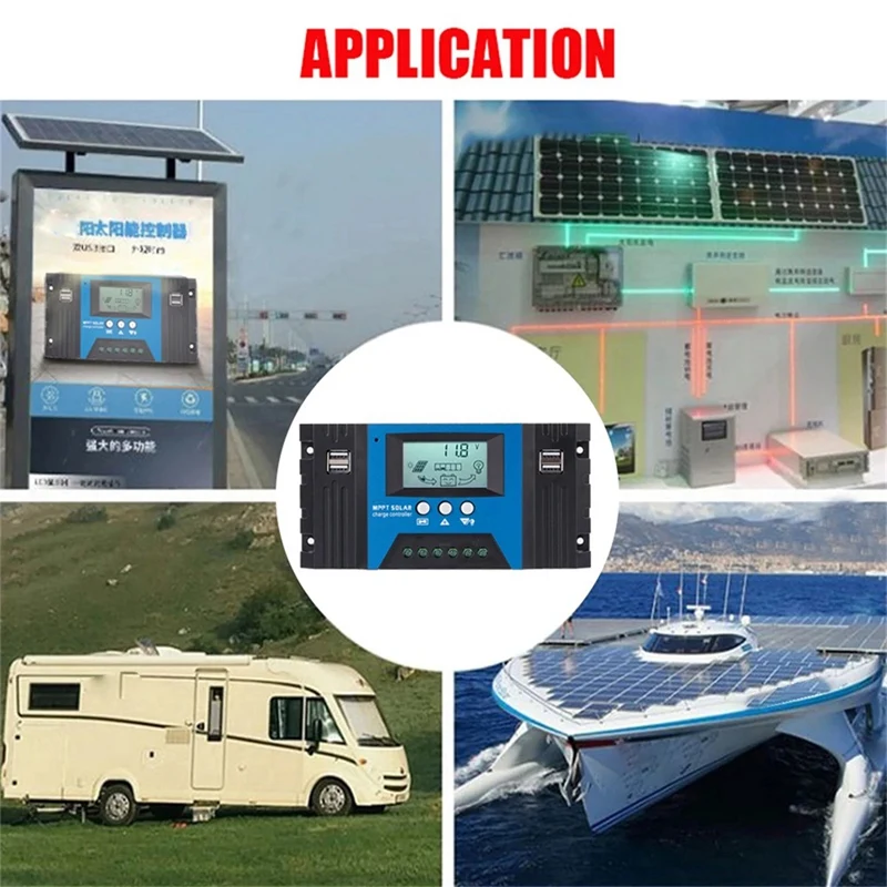 وحدة تحكم شحن الطاقة الشمسية بنظام MPPT ، USB مزدوج ، شاشة LCD ، لوحة خلية تلقائية ، منظم شاحن مع تحميل ، متين ، 100A ، 12V ، 24V