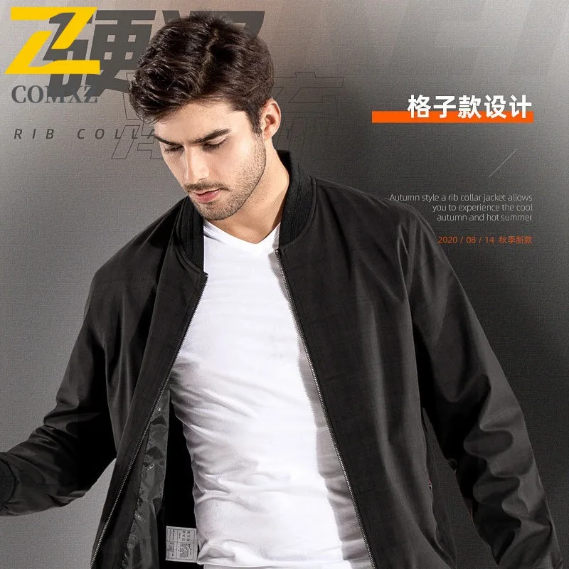 COMXZ Jaket Pilot Kerah Bulat Hitam Lengan Panjang Musim Semi Gugur untuk Pria, Mantel Bisnis Ukuran Besar, Atasan Kasual Impor 2025