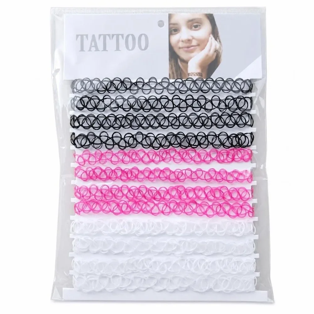 12Pcs/Set Fashion Colorful Fishline Necklaces Set Elastic Braided Black Layered Set Short Punk Style Fish Thread Choker Women