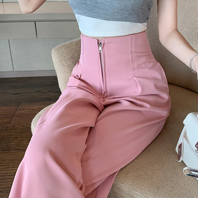 2023 New High-Waist Zipper Loose Drape Thin Section Women's Wide-Leg Straight Suit Slim And Versatile Trousers